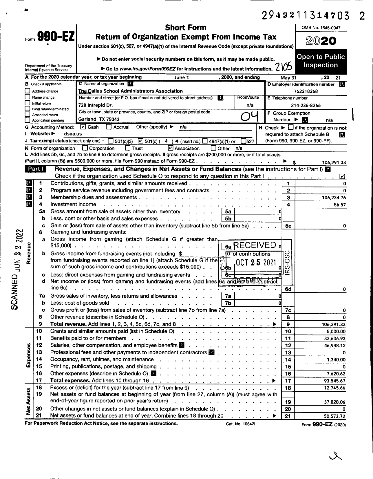 Image of first page of 2020 Form 990EO for The Dallas School Administrators Association