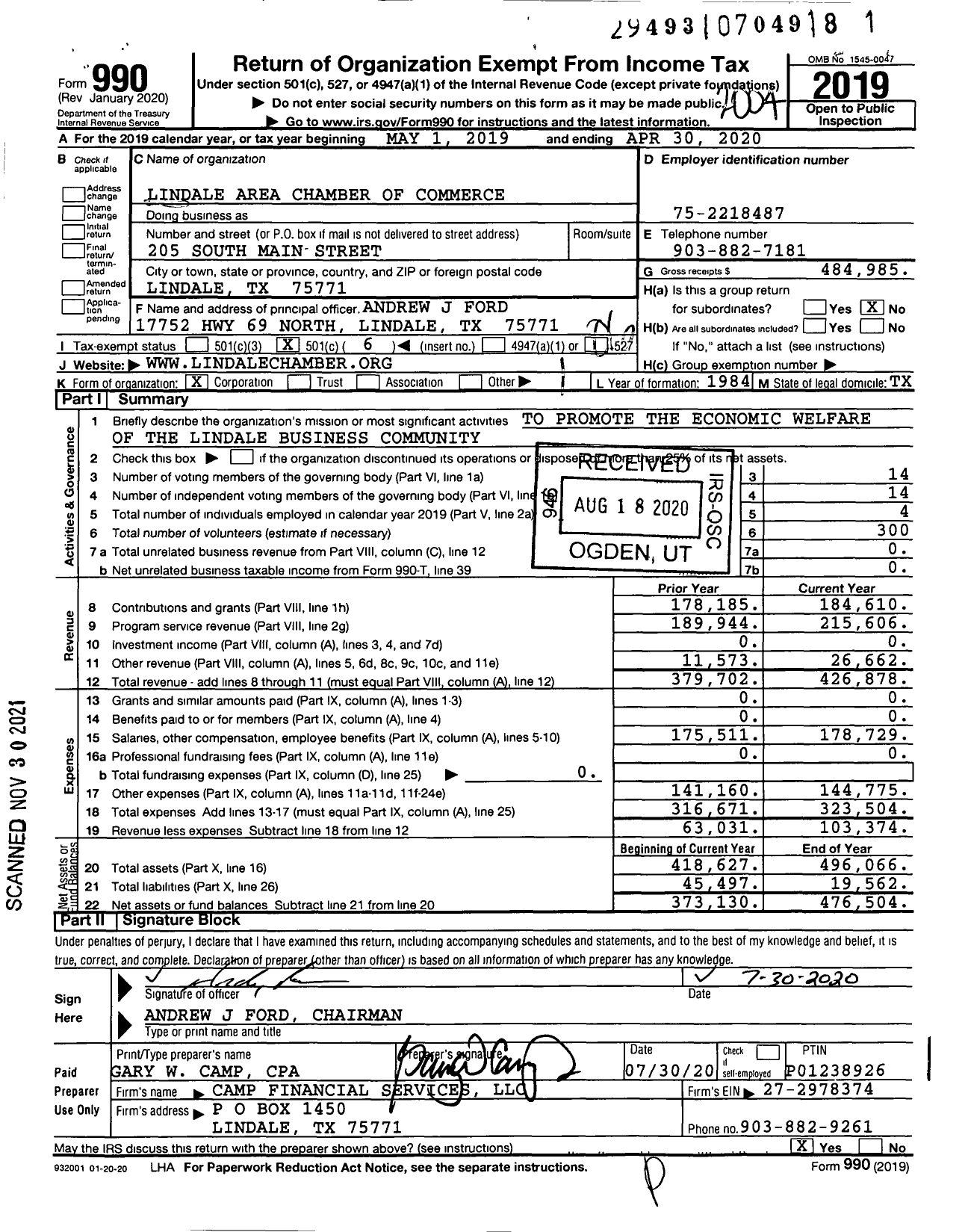 Image of first page of 2019 Form 990O for Lindale Area Chamber of Commerce