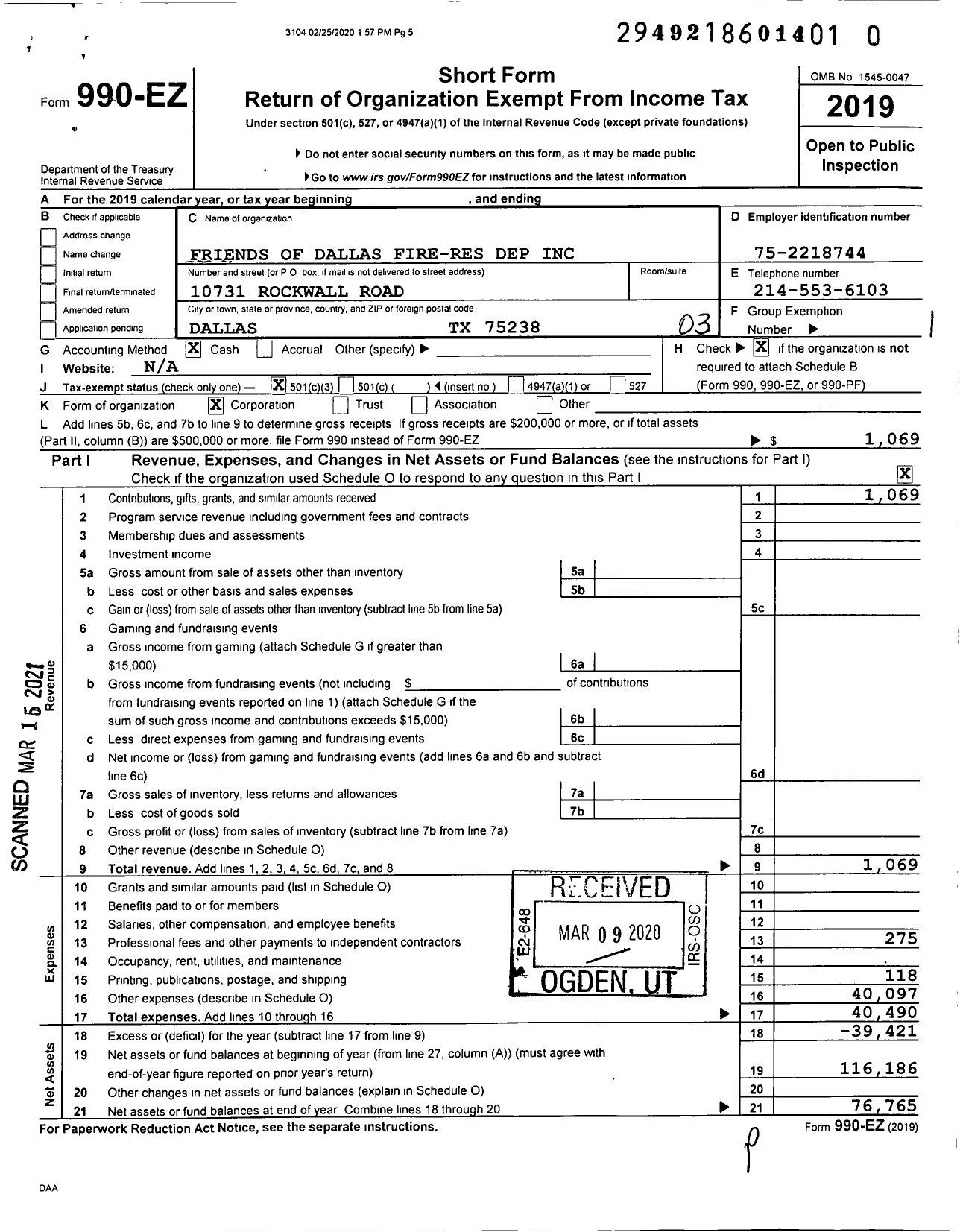 Image of first page of 2019 Form 990EZ for Friends of Dallas Fire-Res Dep