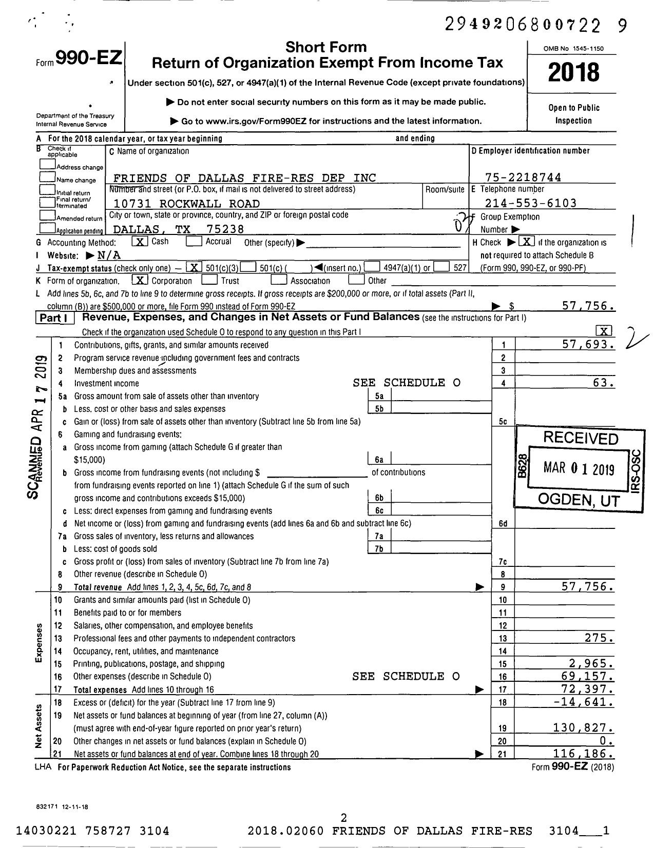 Image of first page of 2018 Form 990EZ for Friends of Dallas Fire-Res Dep