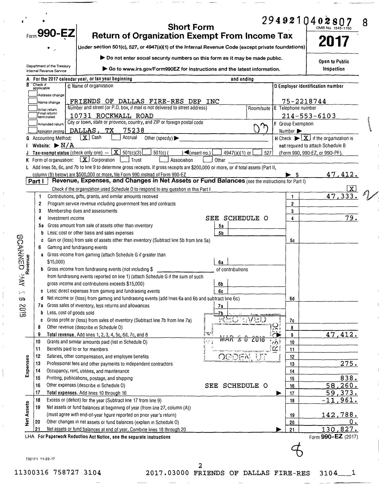 Image of first page of 2017 Form 990EZ for Friends of Dallas Fire-Res Dep