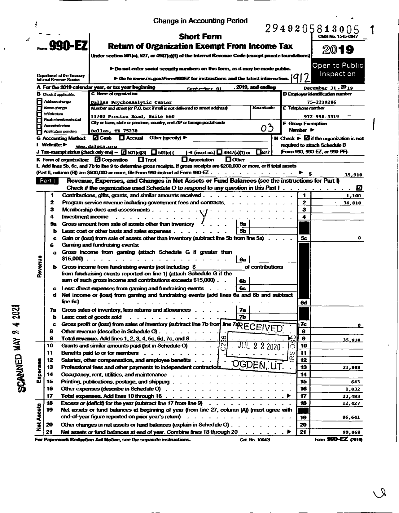 Image of first page of 2019 Form 990EZ for Dallas Psychoanalytic Center