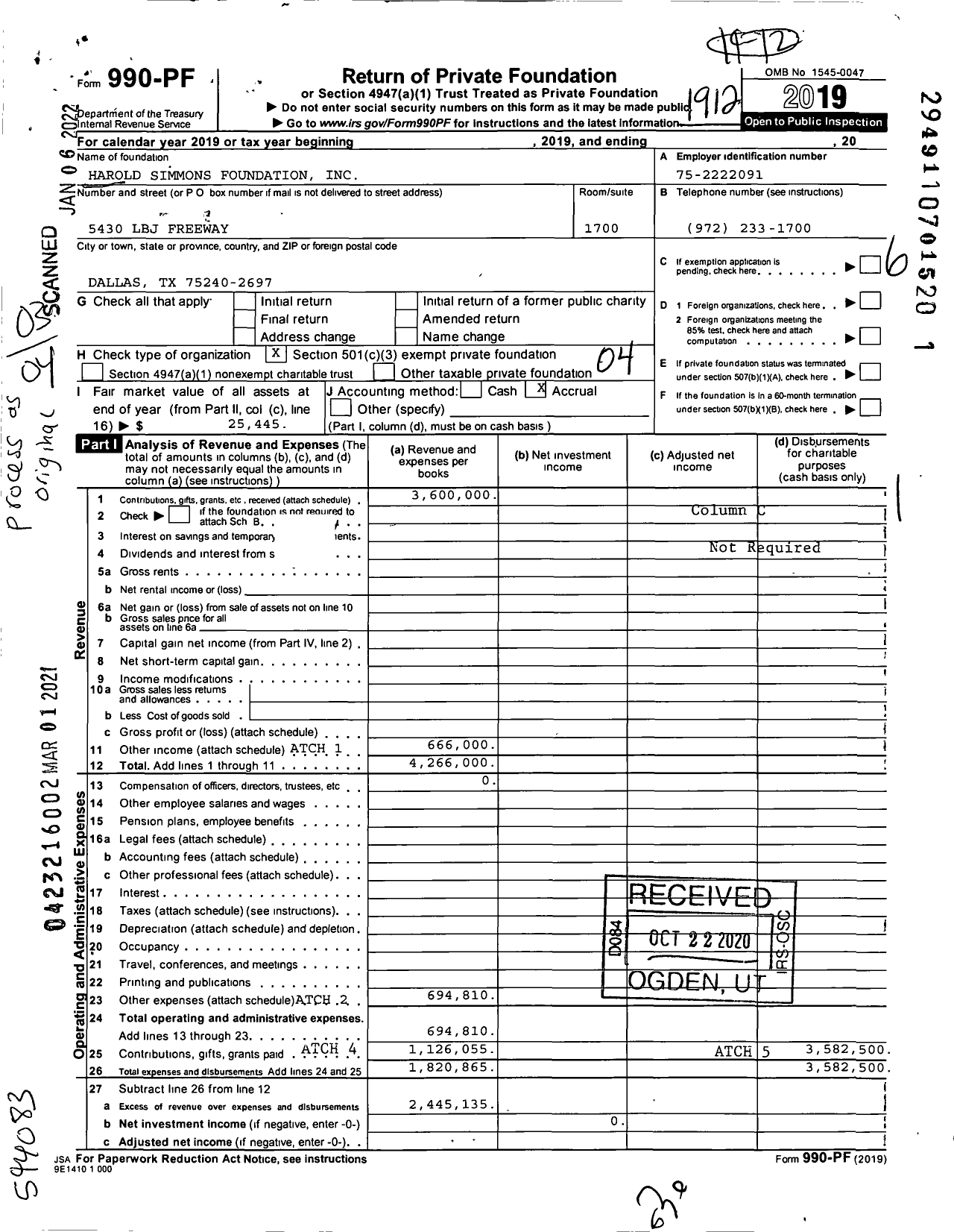 Image of first page of 2019 Form 990PF for Harold Simmons Foundation