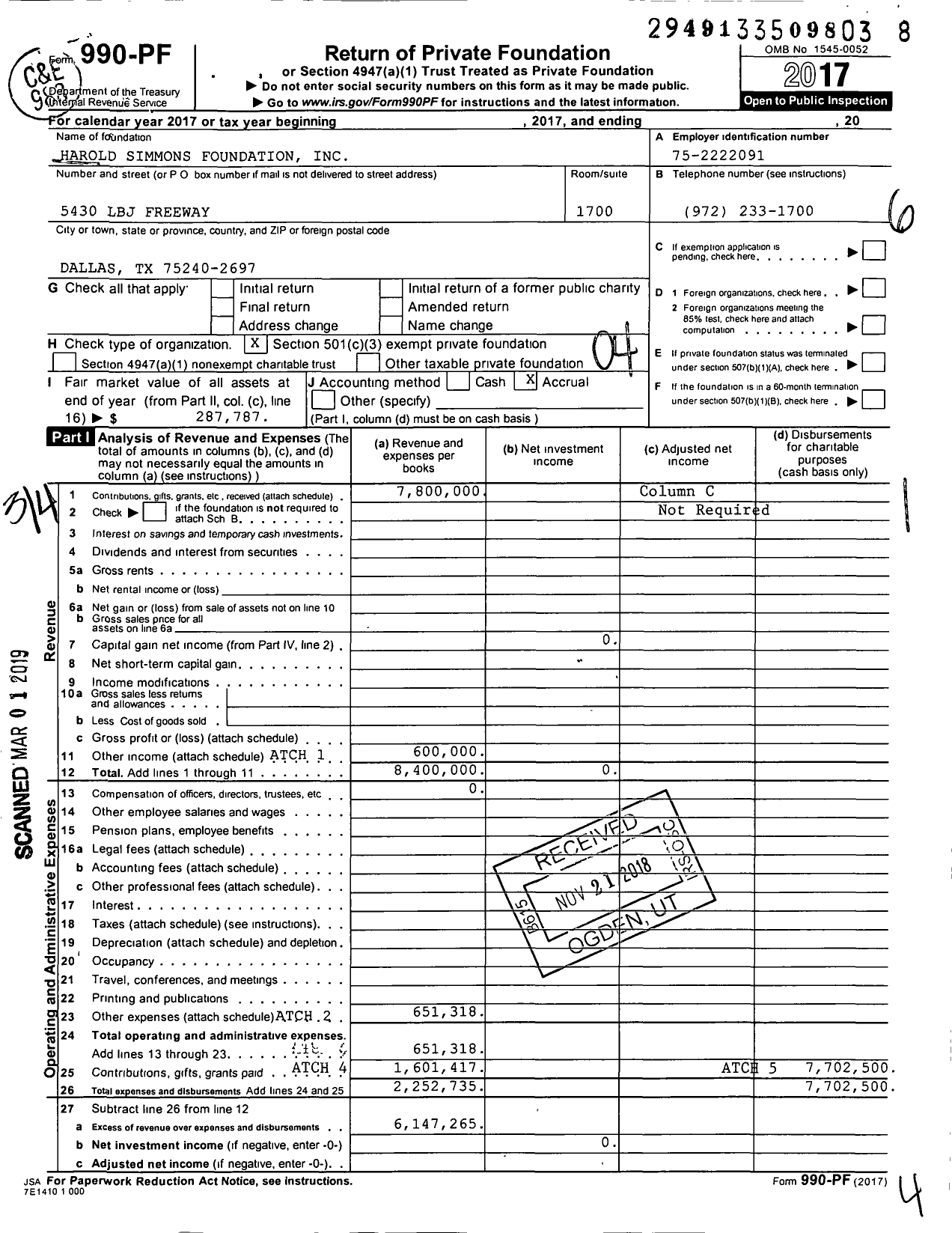 Image of first page of 2017 Form 990PF for Harold Simmons Foundation