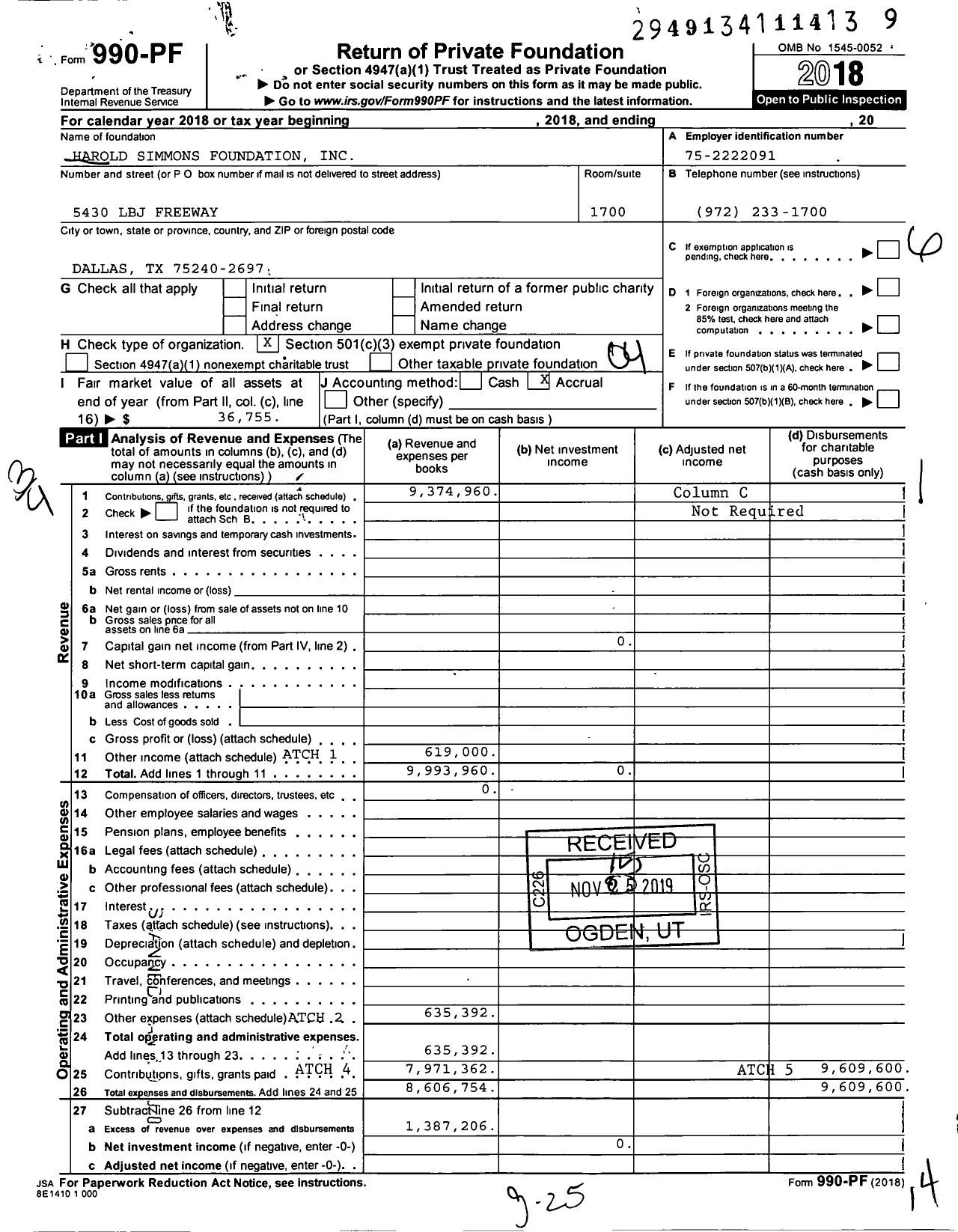 Image of first page of 2018 Form 990PF for Harold Simmons Foundation