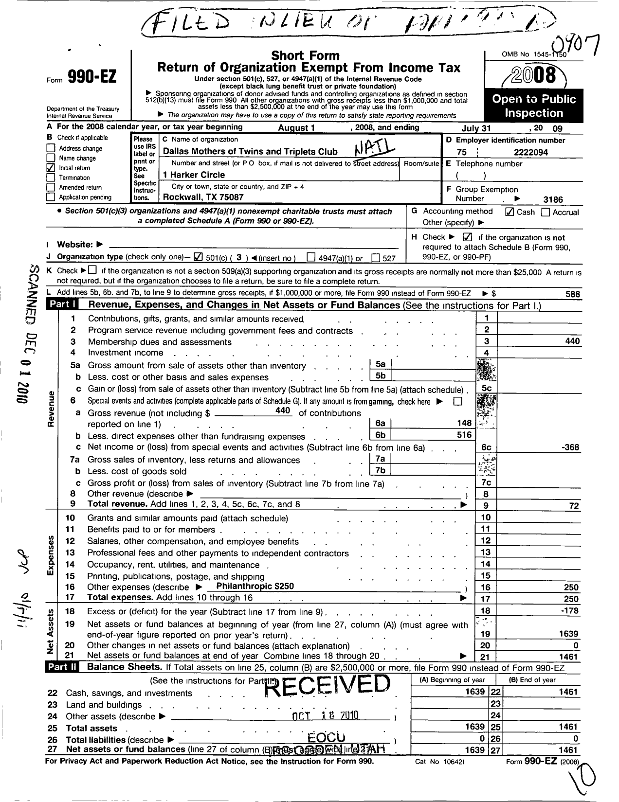 Image of first page of 2008 Form 990EZ for National Organization of Mothers of Twins Clubs / Dallas Mot&tc