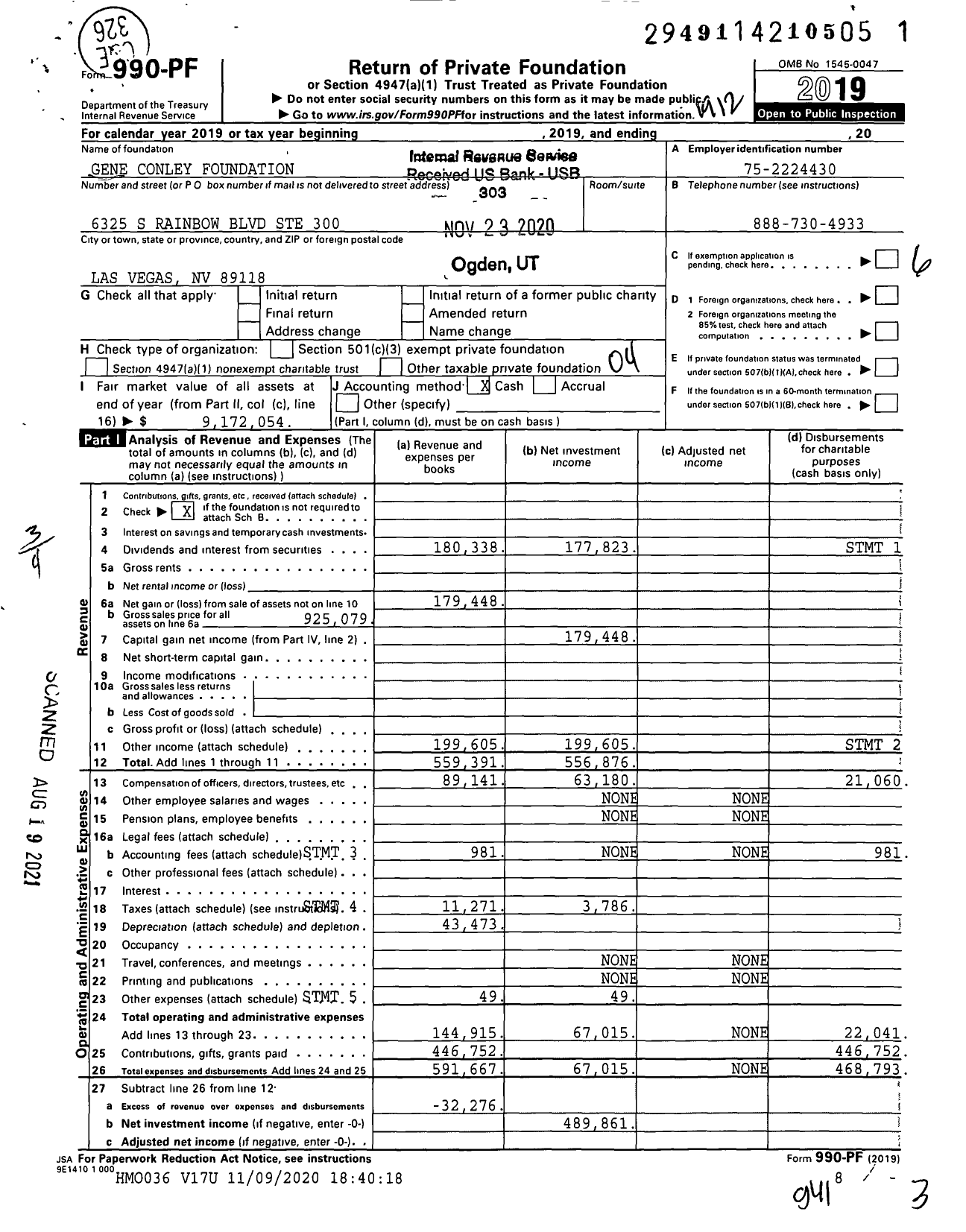 Image of first page of 2019 Form 990PF for Gene Conley Foundation