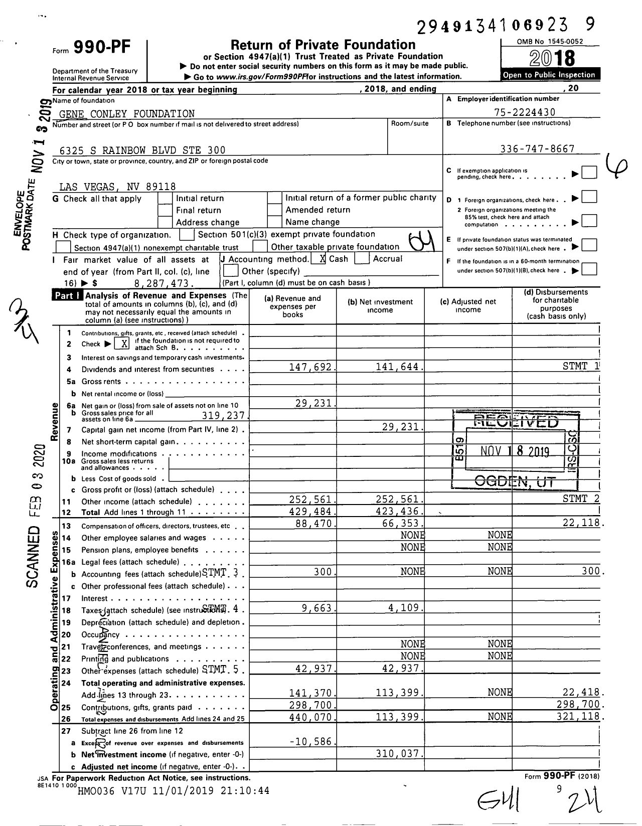 Image of first page of 2018 Form 990PF for Gene Conley Foundation