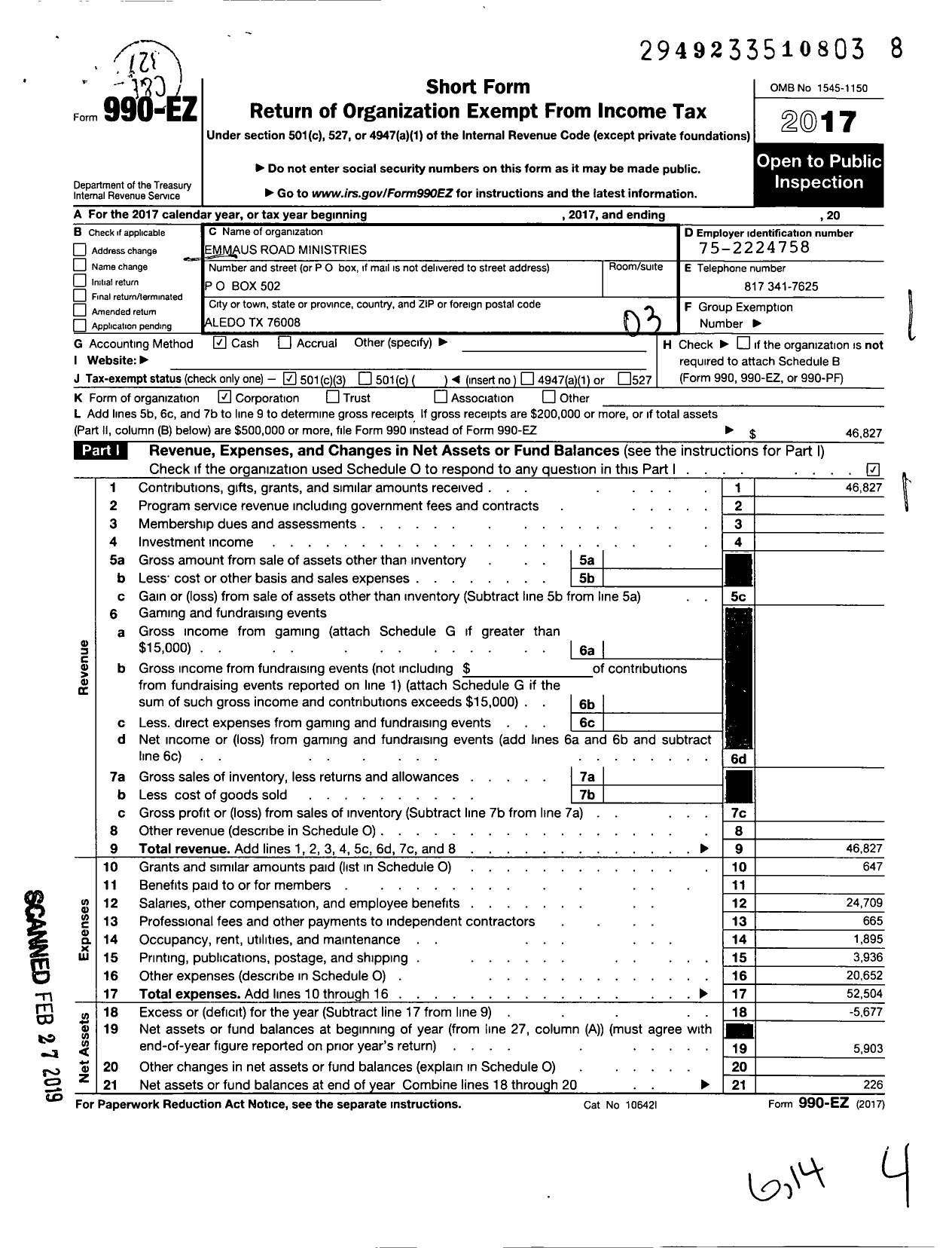 Image of first page of 2017 Form 990EZ for Emmaus Road Ministries