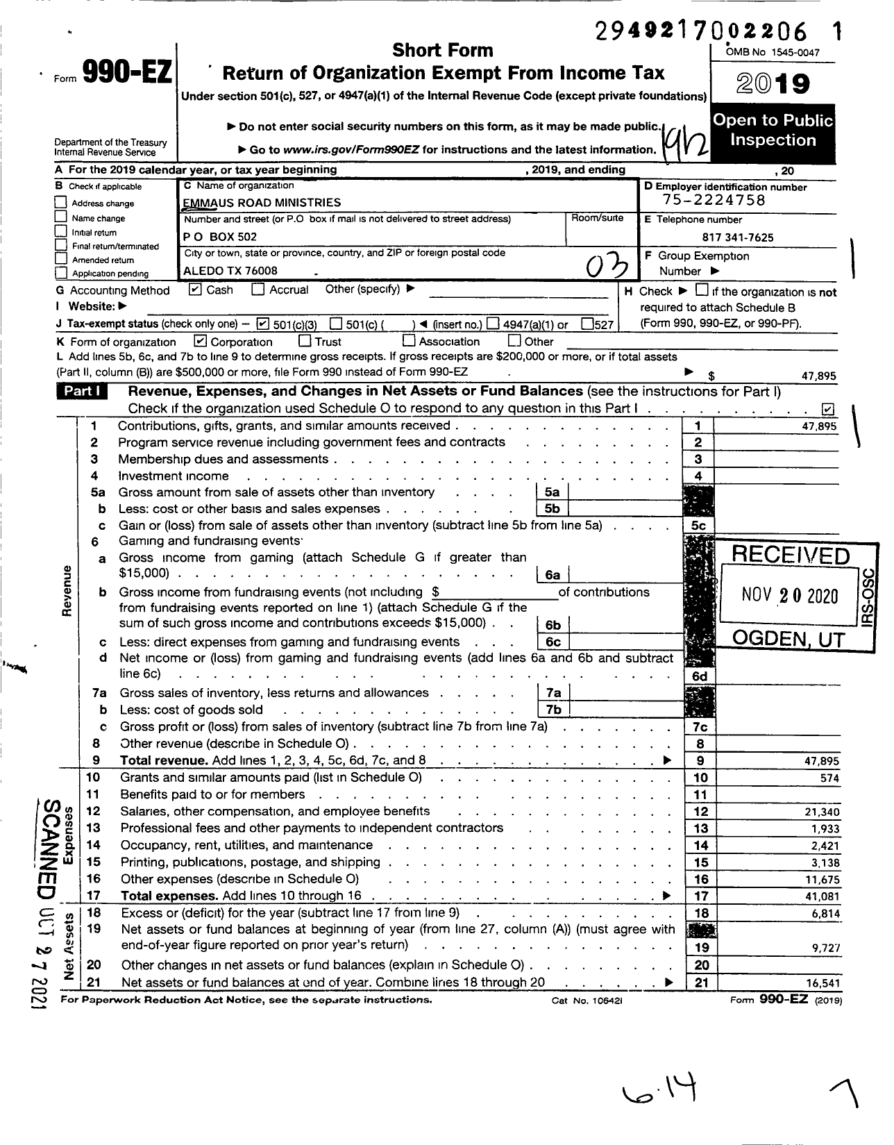 Image of first page of 2019 Form 990EZ for Emmaus Road Ministries