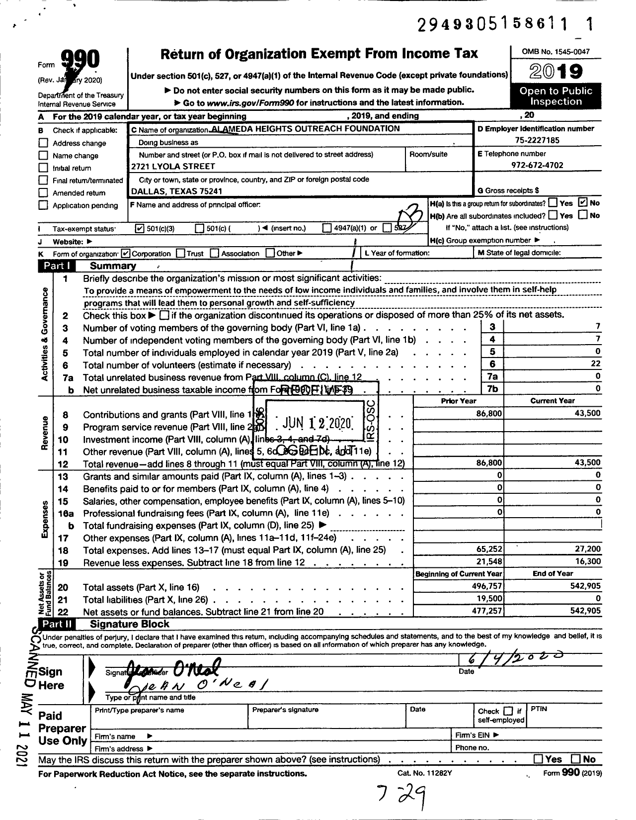 Image of first page of 2019 Form 990 for Alameda Heights Outreach Foundation