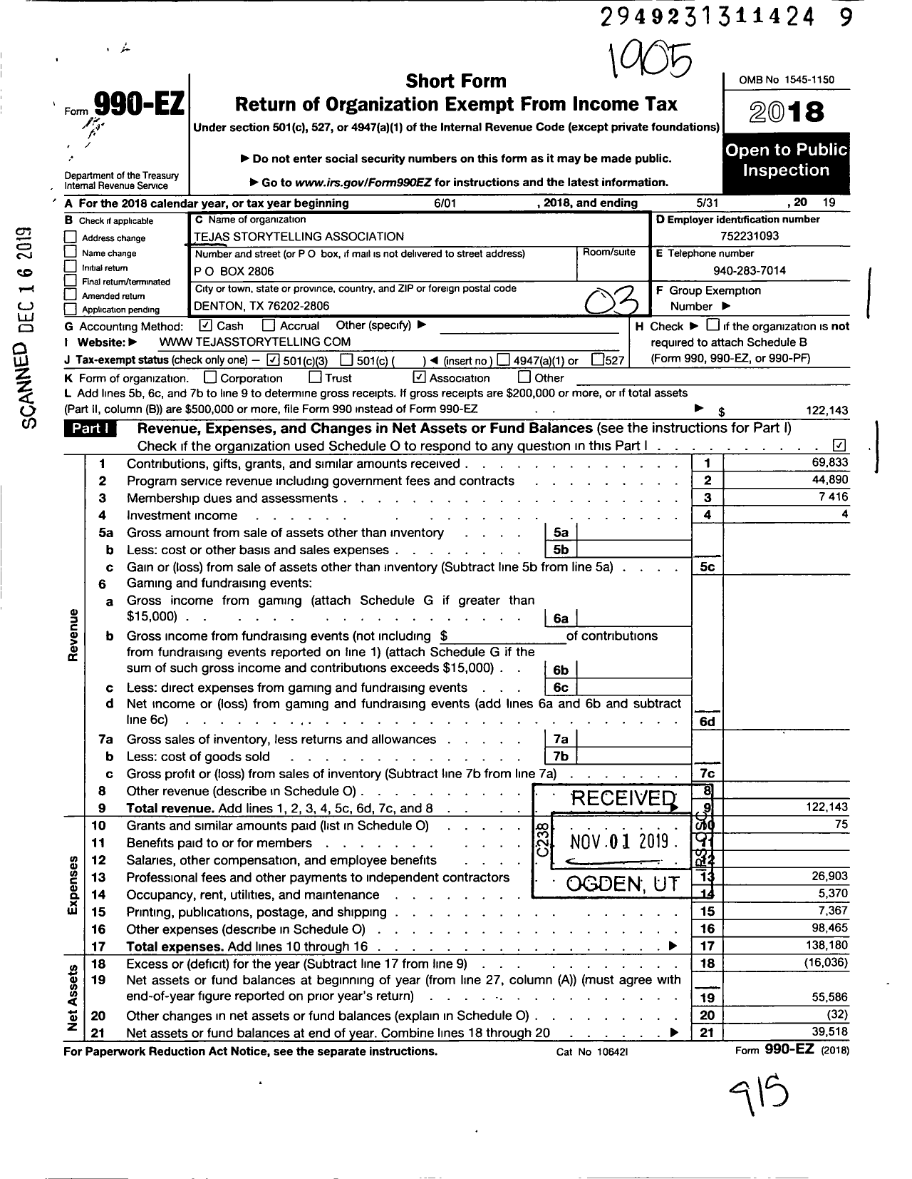 Image of first page of 2018 Form 990EZ for Tejas Storytelling Association