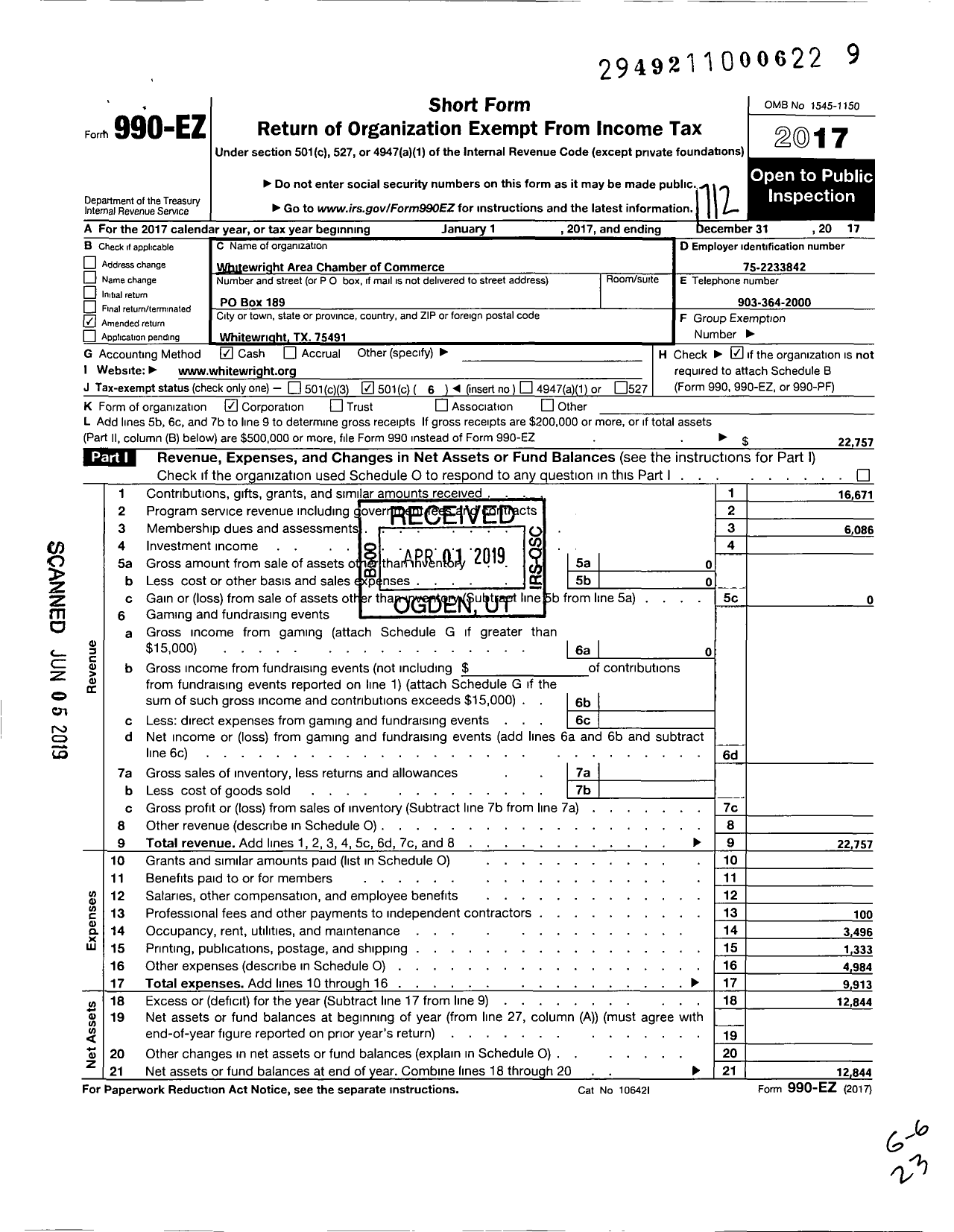 Image of first page of 2017 Form 990EO for Whitewright Area Chamber of Commerce