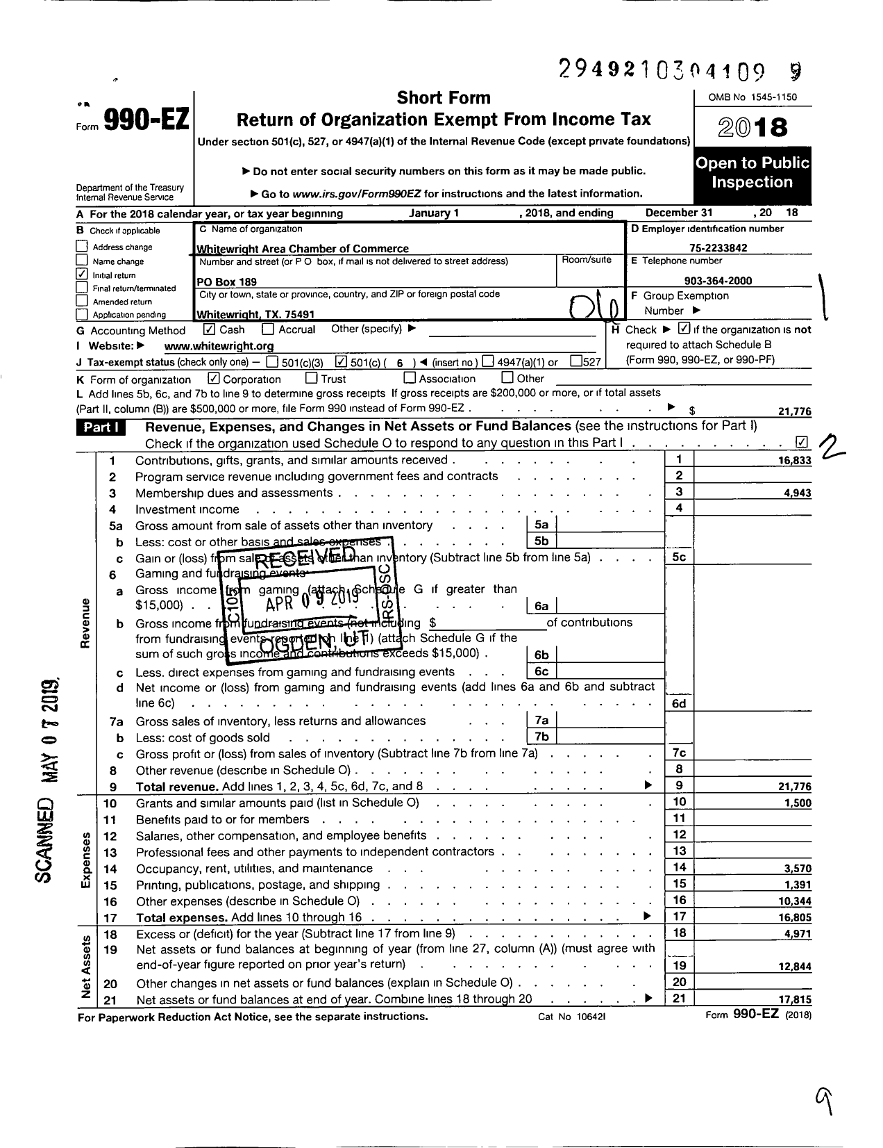 Image of first page of 2018 Form 990EO for Whitewright Area Chamber of Commerce