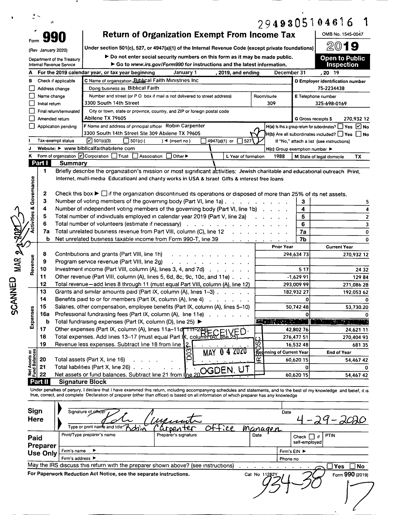 Image of first page of 2019 Form 990 for Biblical Faith Ministries