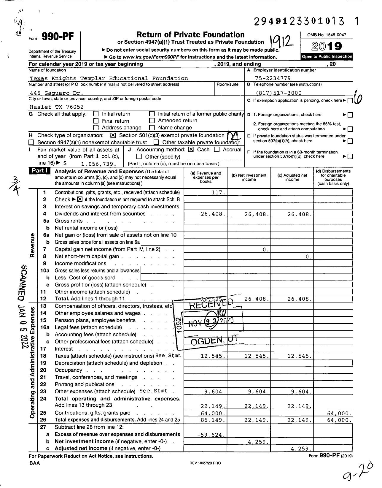 Image of first page of 2019 Form 990PF for Texas Knights Templar Educational Foundation