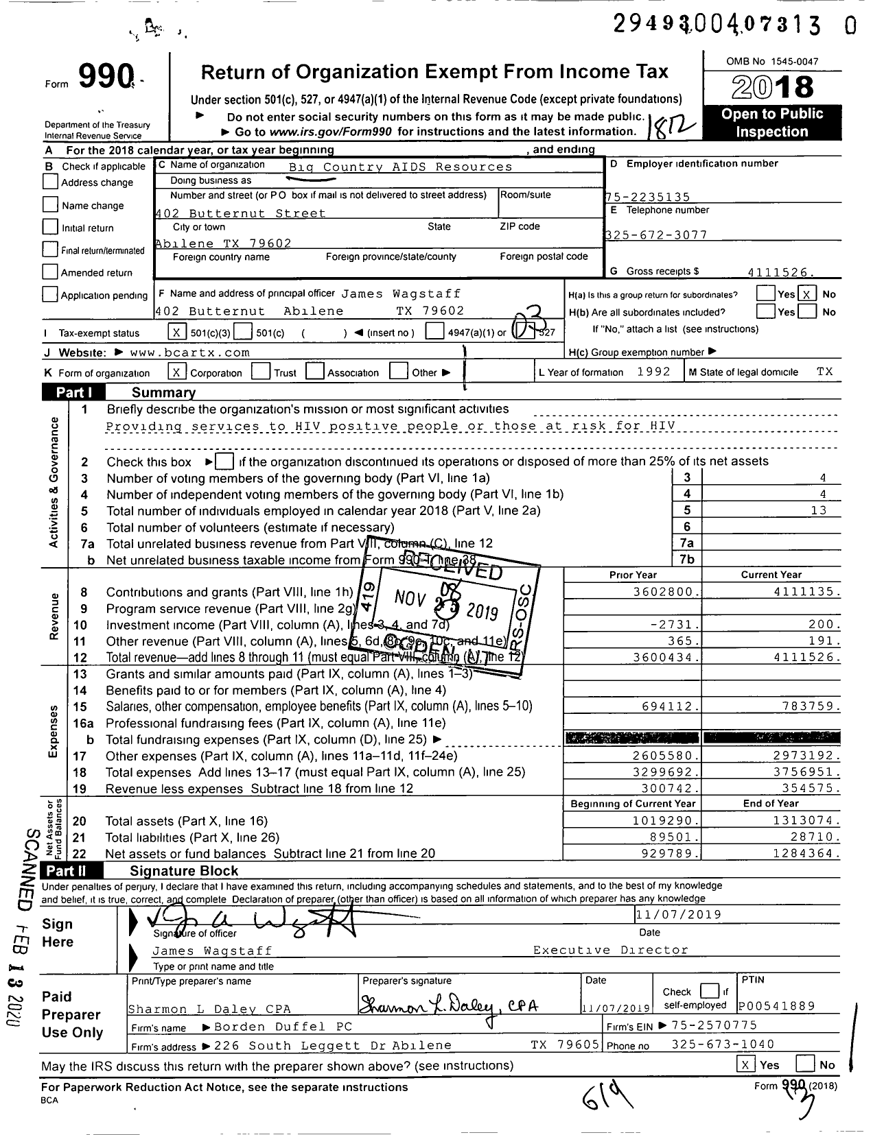 Image of first page of 2018 Form 990 for Big Country AIDS Resources