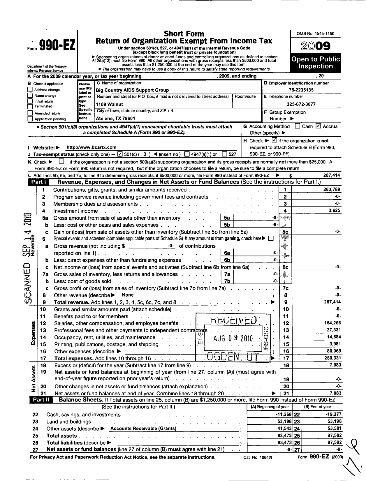Image of first page of 2009 Form 990EZ for Big Country AIDS Resources