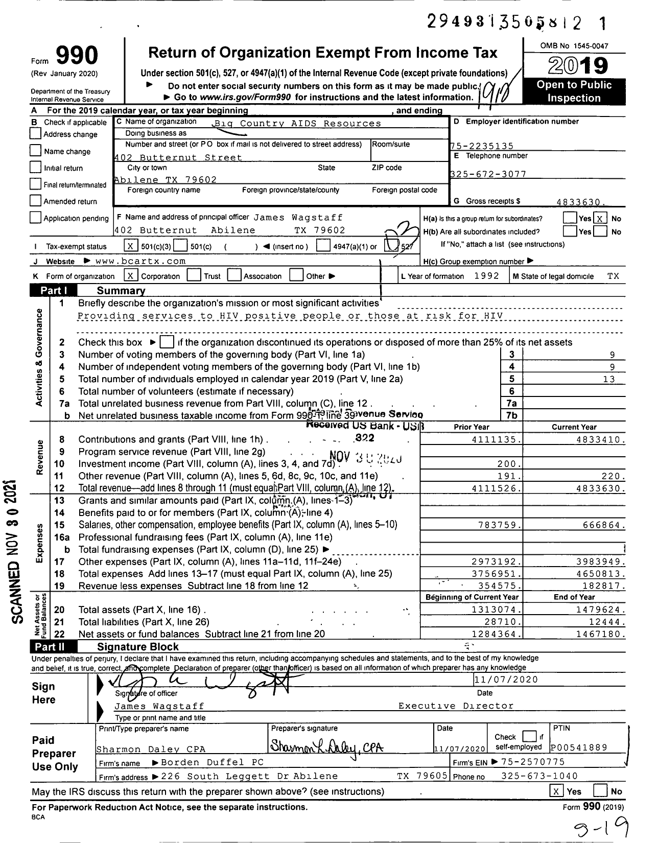 Image of first page of 2019 Form 990 for Big Country AIDS Resources