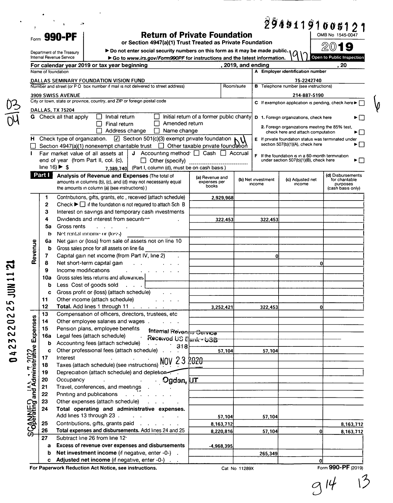 Image of first page of 2019 Form 990PF for Dallas Seminary Foundation Vision Fund