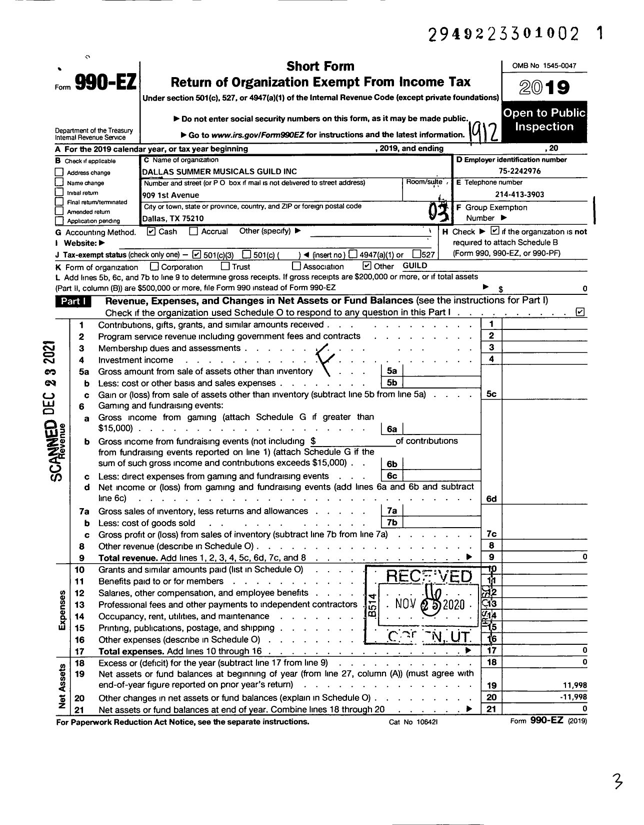 Image of first page of 2019 Form 990EZ for Dallas Summer Musicals Guild