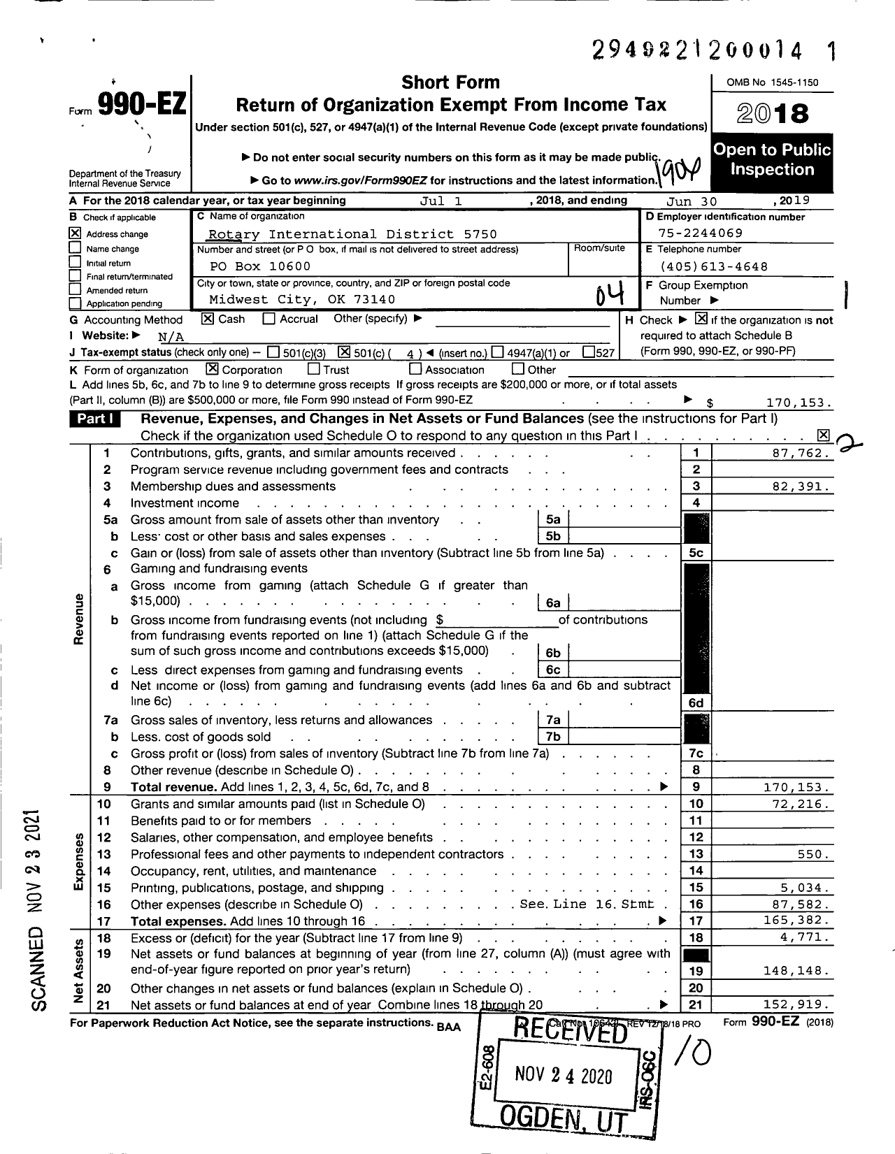 Image of first page of 2018 Form 990EO for Rotary International - 5750 District