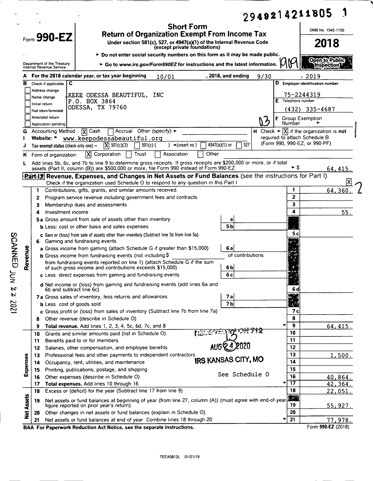 Image of first page of 2018 Form 990EZ for Keep Odessa Beautiful