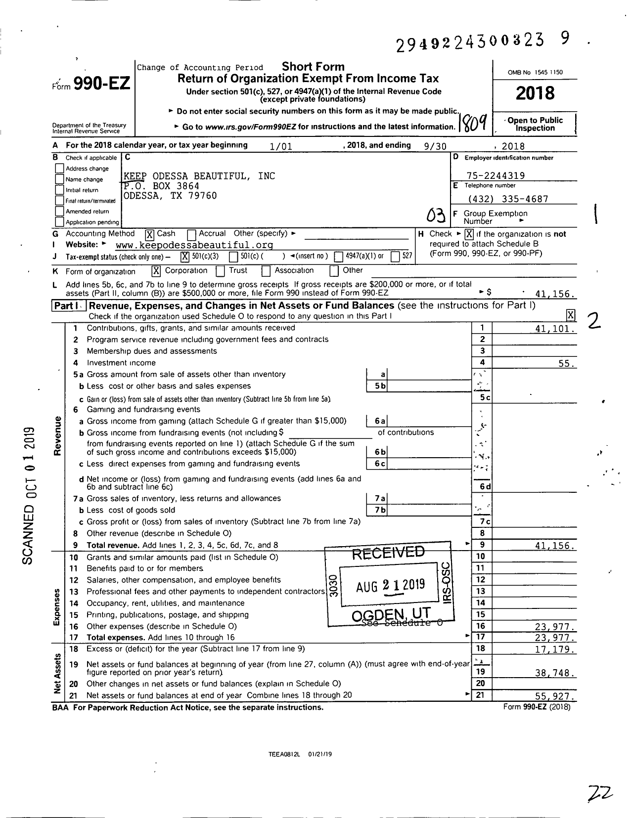 Image of first page of 2017 Form 990EZ for Keep Odessa Beautiful