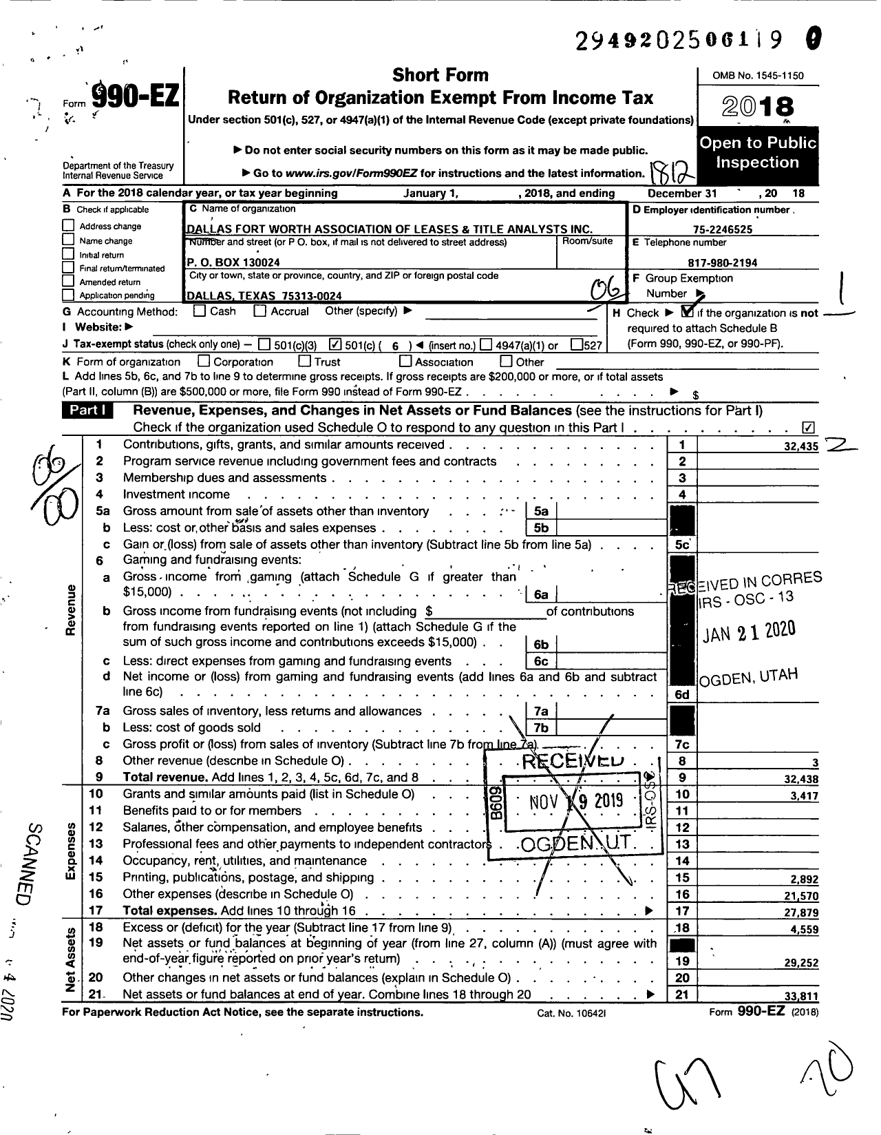 Image of first page of 2018 Form 990EO for Dallas Fort Worth Association of Lease and Title Analyst