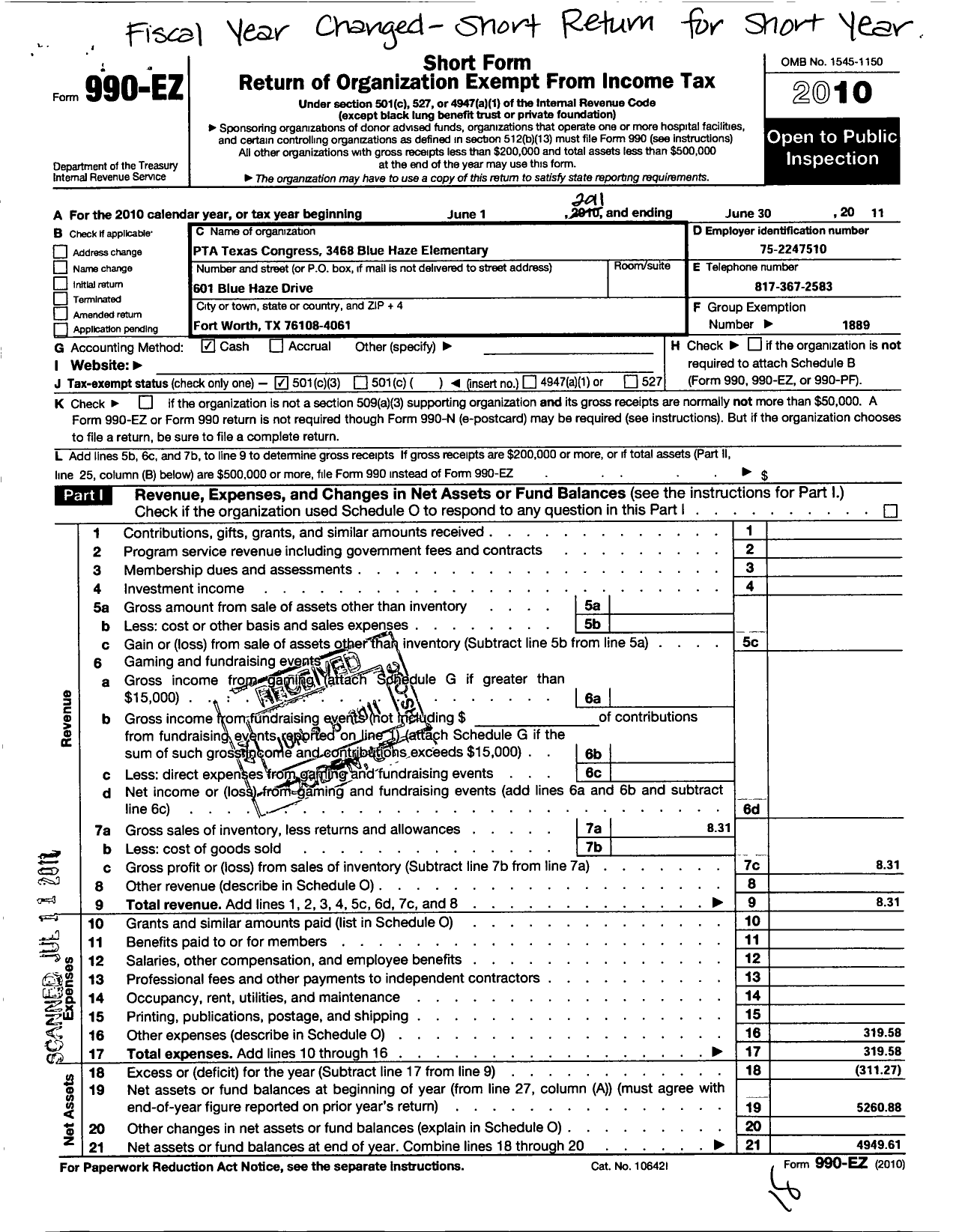 Image of first page of 2010 Form 990EZ for Texas PTA - 3468 Blue Haze Elementary