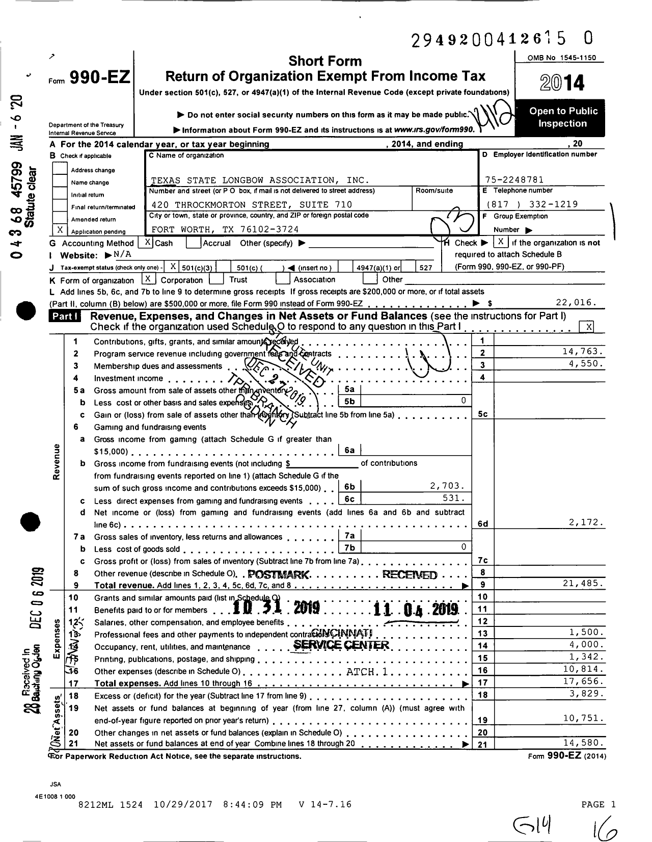 Image of first page of 2014 Form 990EZ for Texas State Longbow Association