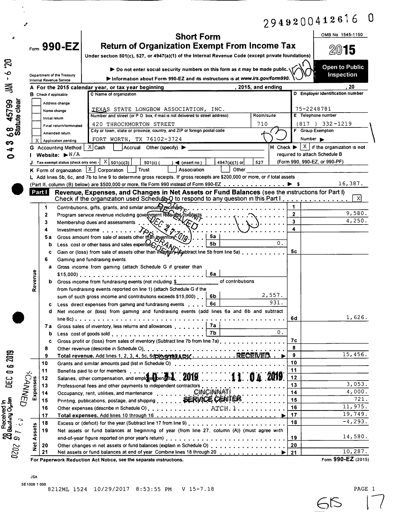 Image of first page of 2015 Form 990EZ for Texas State Longbow Association