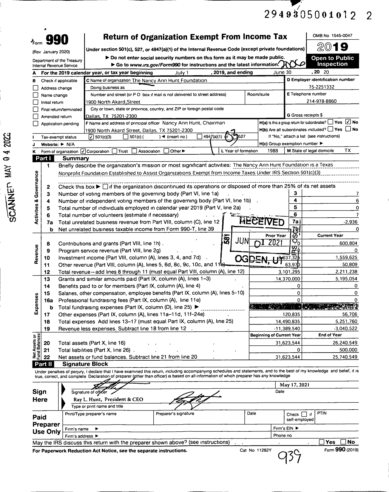 Image of first page of 2019 Form 990 for Nancy Ann Hunt Foundation