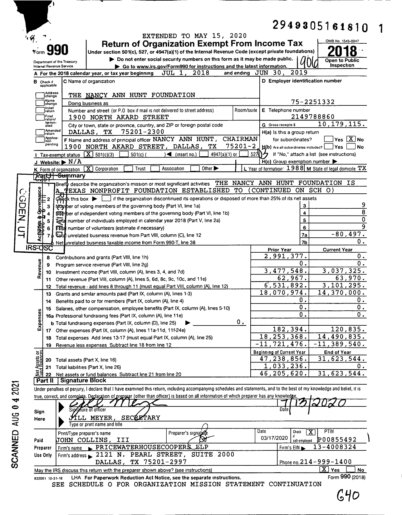 Image of first page of 2018 Form 990 for Nancy Ann Hunt Foundation