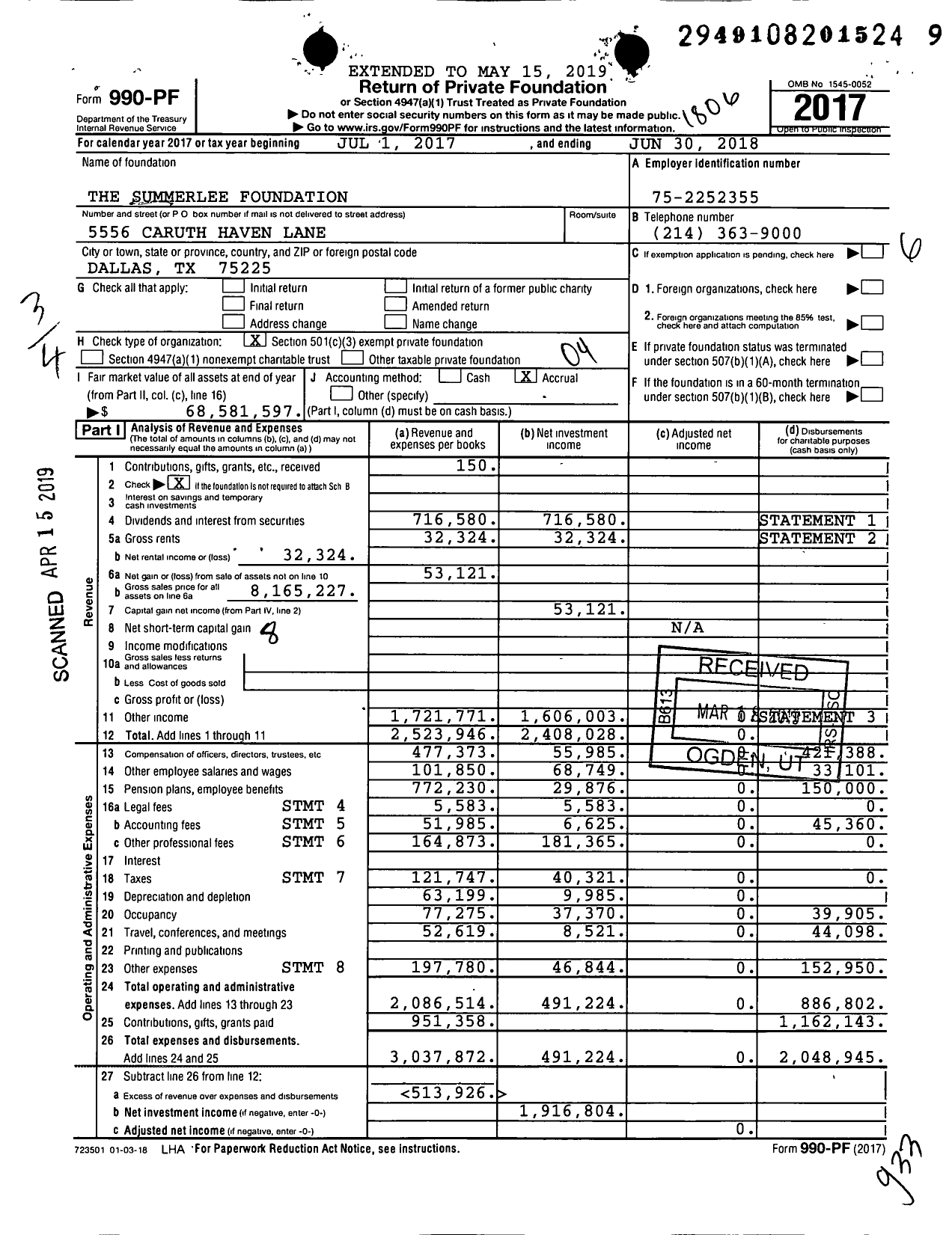 Image of first page of 2017 Form 990PF for The Summerlee Foundation