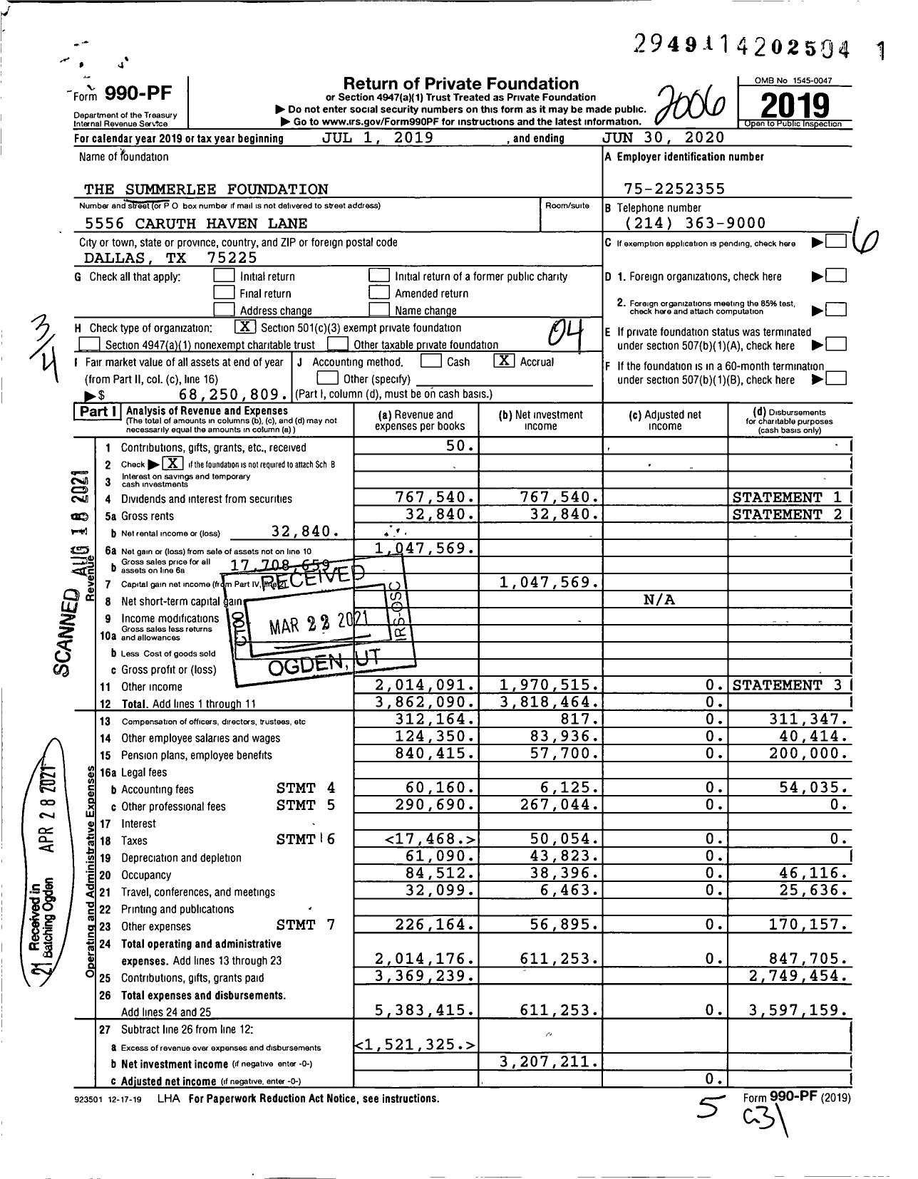 Image of first page of 2019 Form 990PF for The Summerlee Foundation