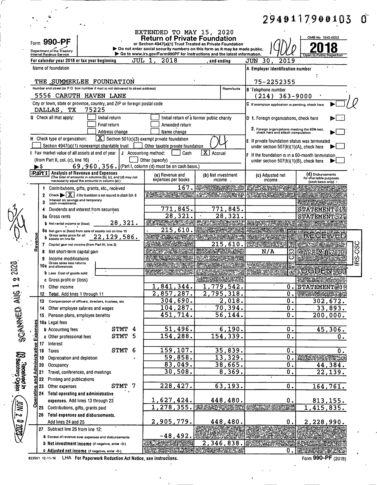 Image of first page of 2018 Form 990PR for The Summerlee Foundation