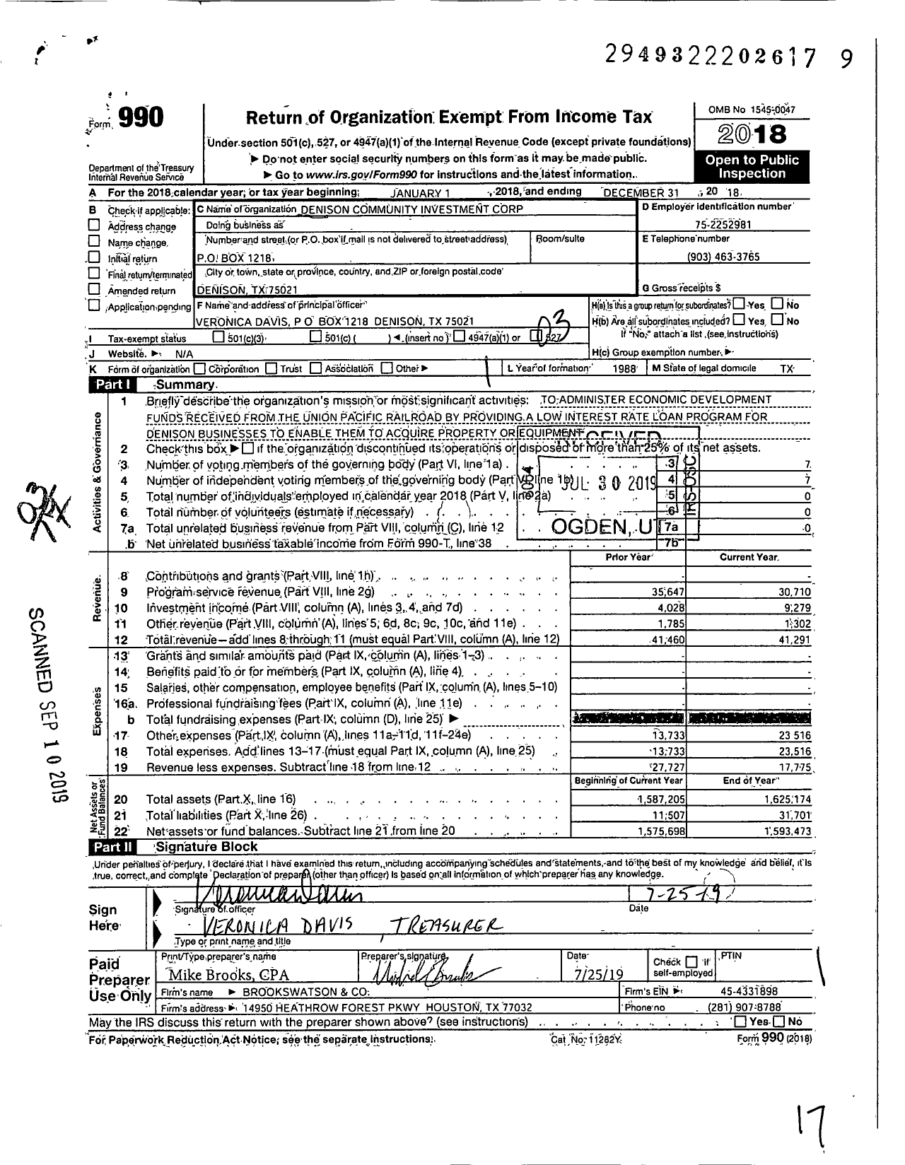 Image of first page of 2018 Form 990 for Denison Community Investment Corporation