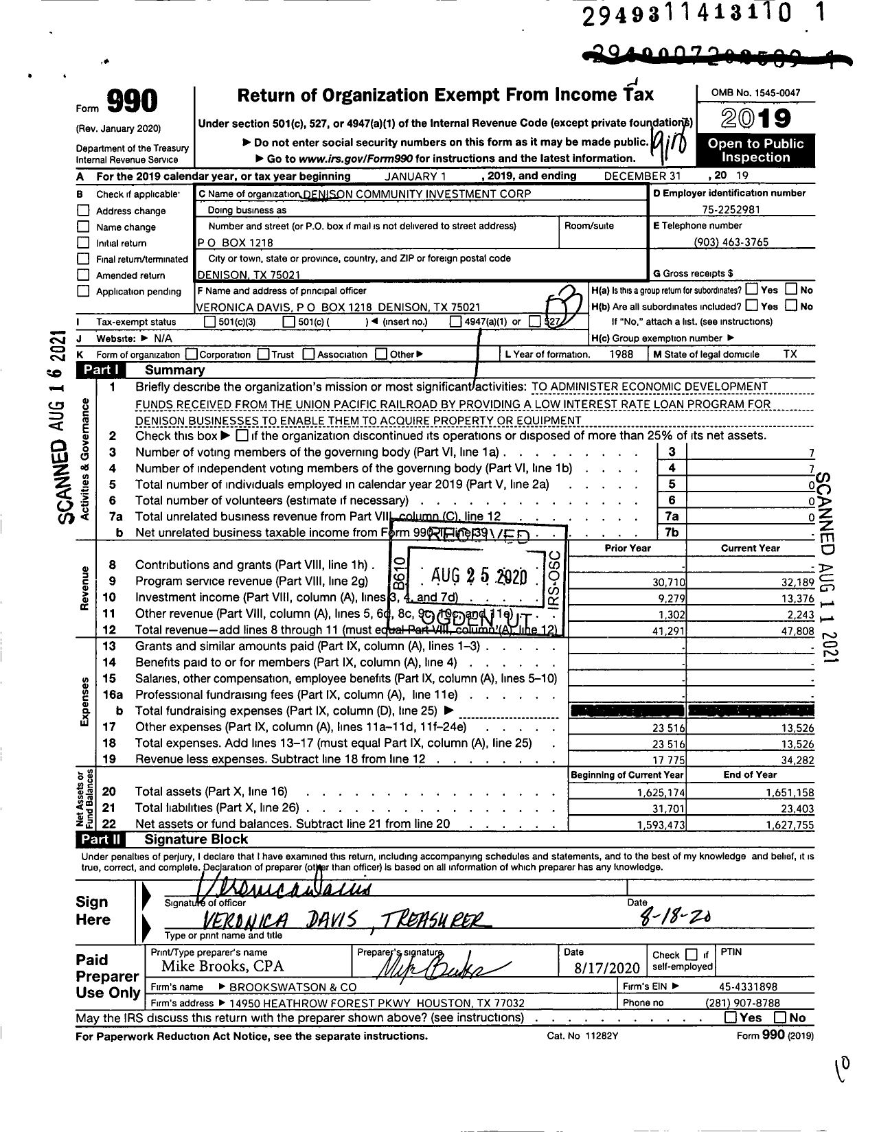 Image of first page of 2019 Form 990 for Denison Community Investment Corporation