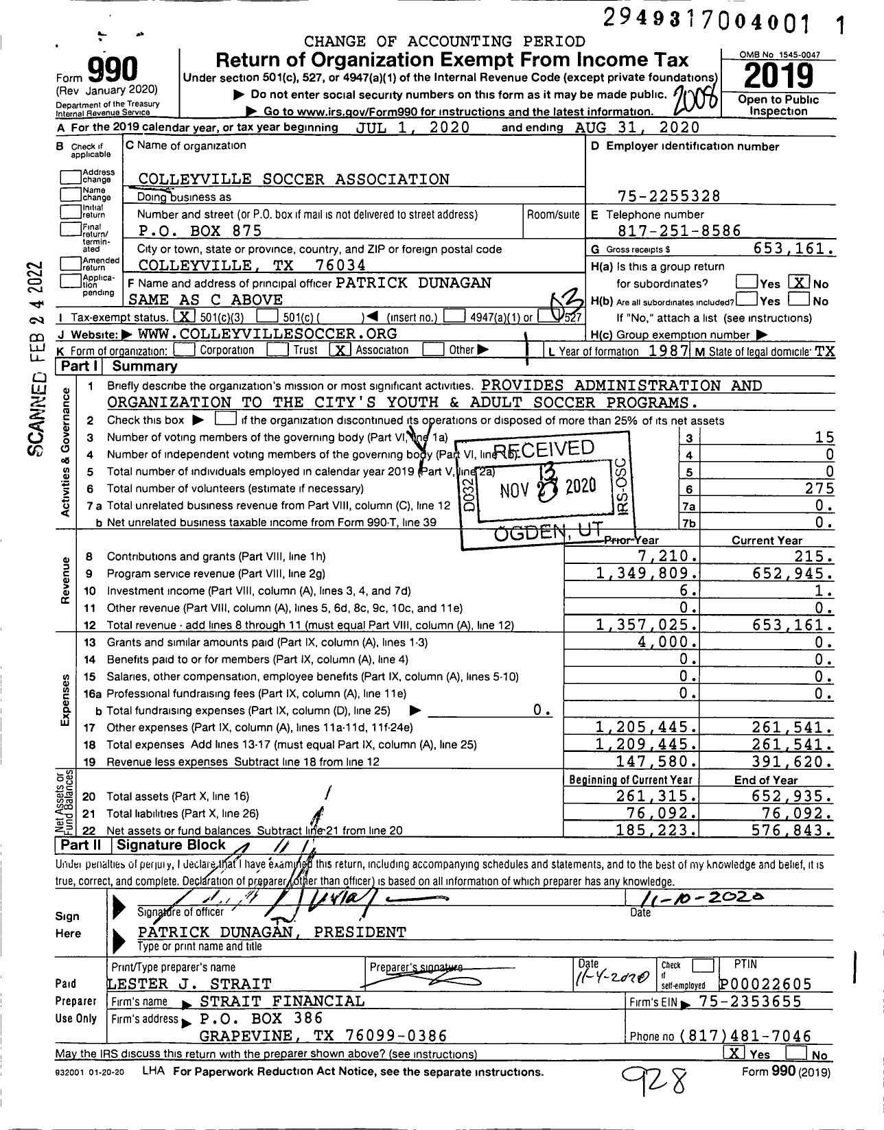 Image of first page of 2019 Form 990 for Colleyville Soccer Association