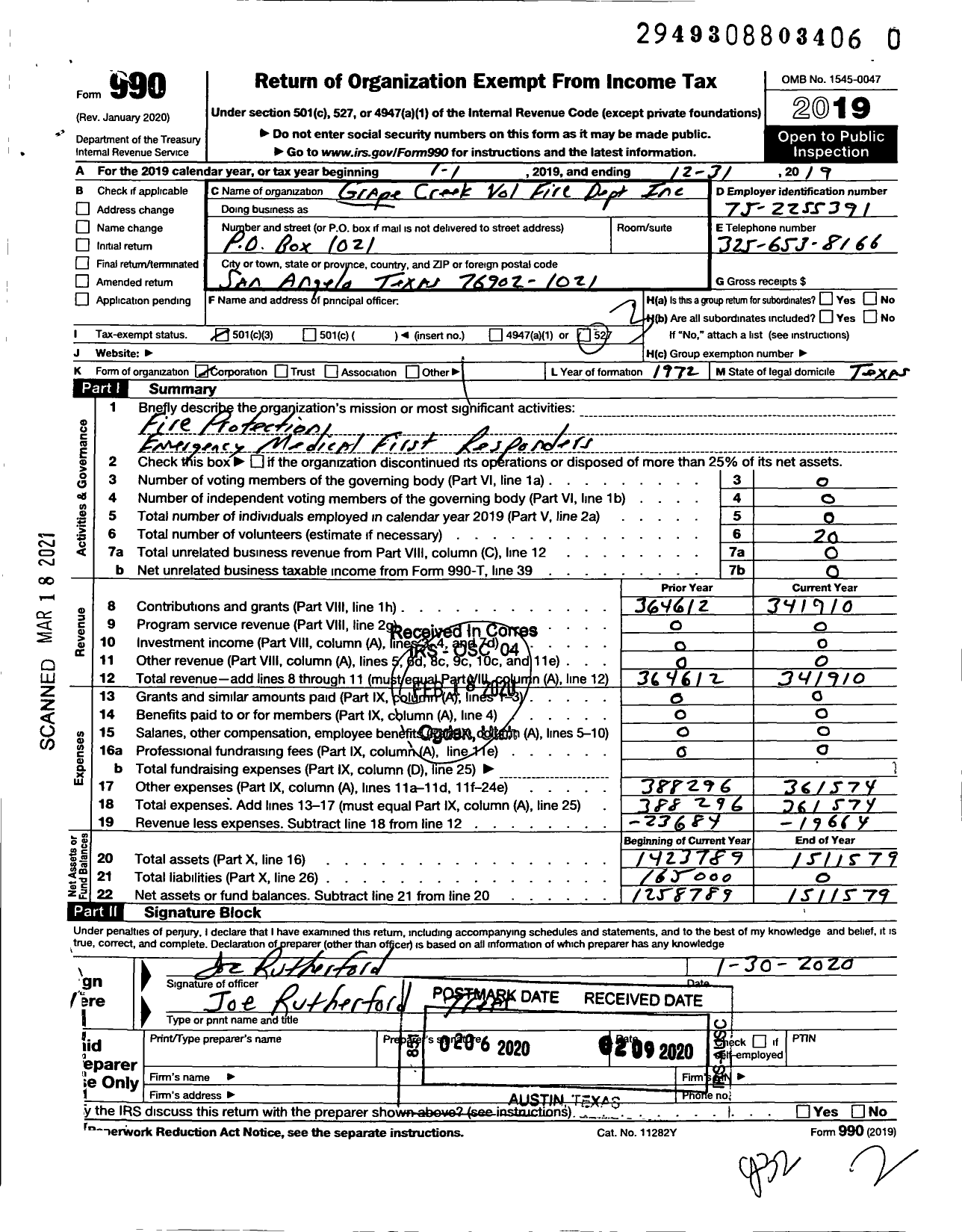 Image of first page of 2019 Form 990 for Grape Creek Volunteer Fire Dept