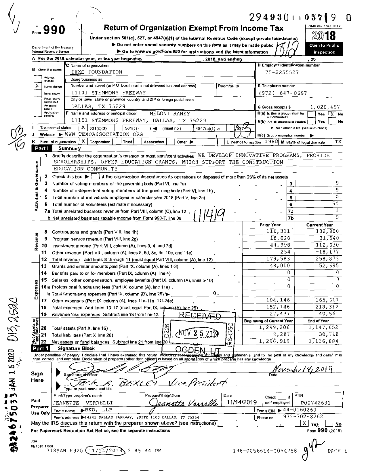 Image of first page of 2018 Form 990 for Texo Foundation