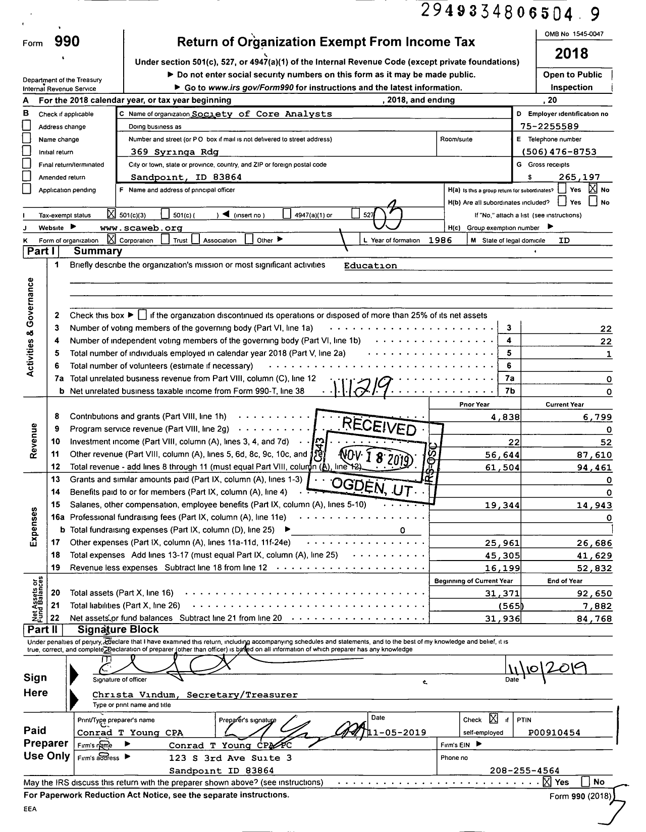 Image of first page of 2018 Form 990 for Society of Core Analysts (SCA)