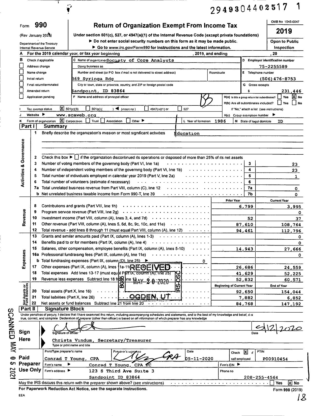 Image of first page of 2019 Form 990 for Society of Core Analysts (SCA)