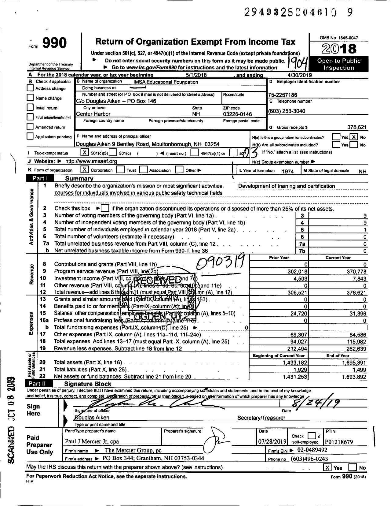 Image of first page of 2018 Form 990 for Imsa Educational Foundation