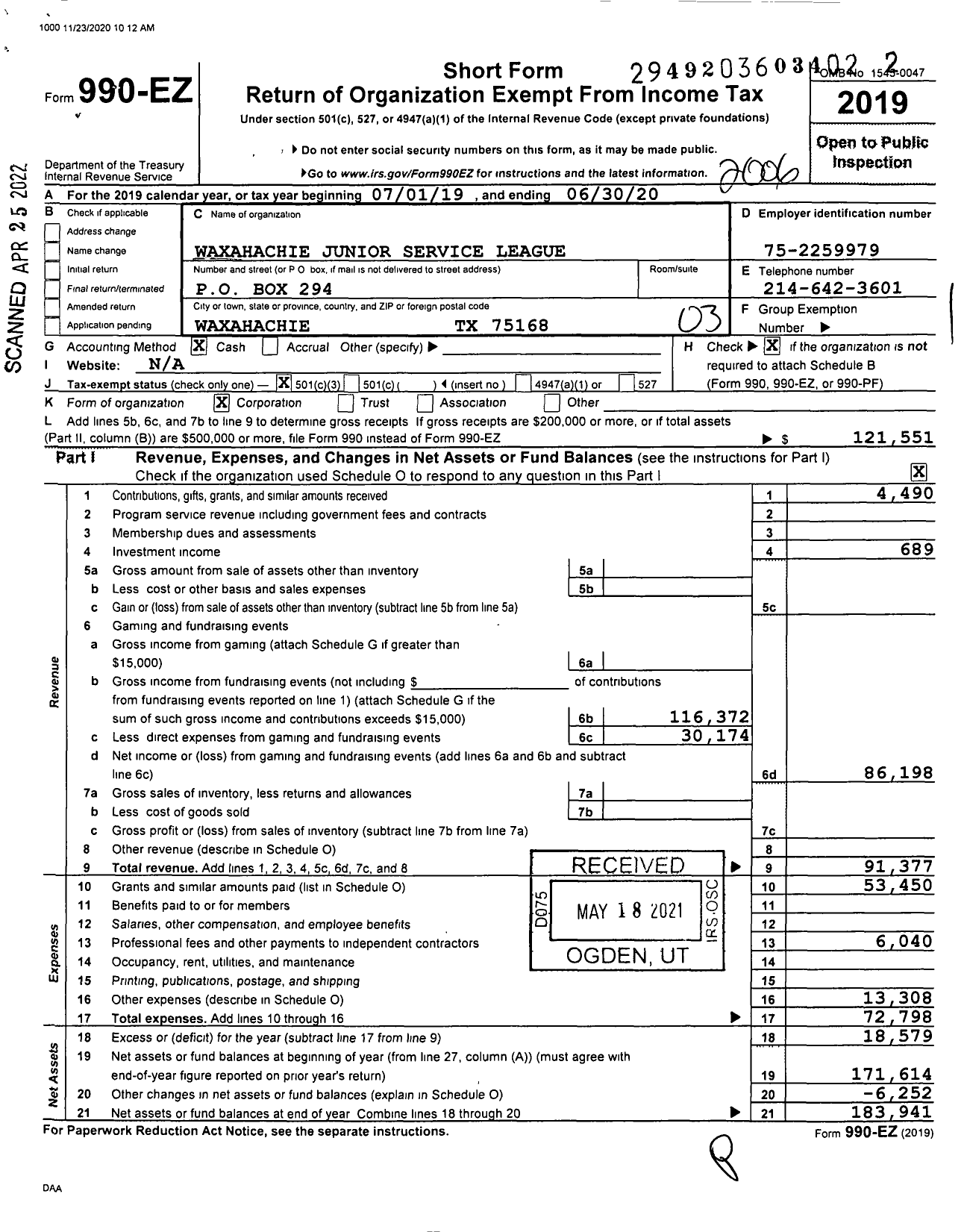 Image of first page of 2019 Form 990EZ for Junior Services League of Waxahachie