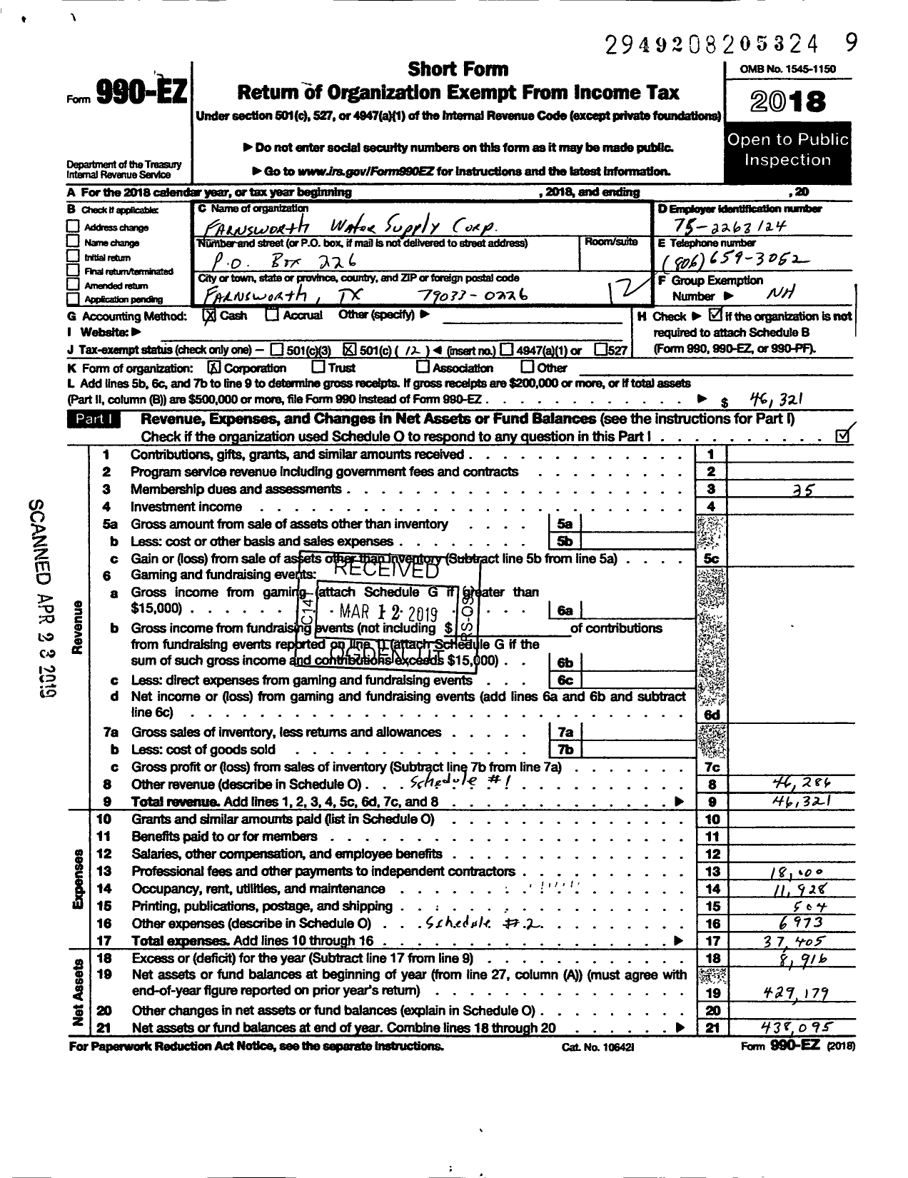 Image of first page of 2018 Form 990EO for Farnsworth Water Supply Corporation