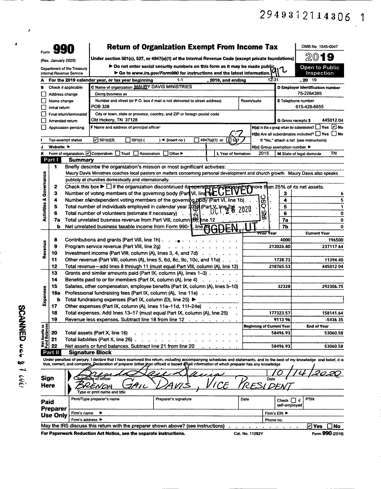 Image of first page of 2019 Form 990 for Maury Davis Ministries