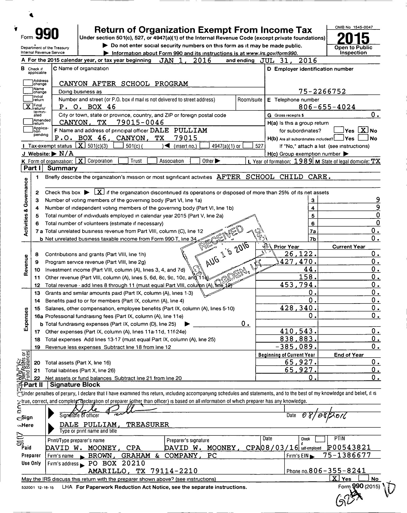 Image of first page of 2015 Form 990 for Canyon After School Program