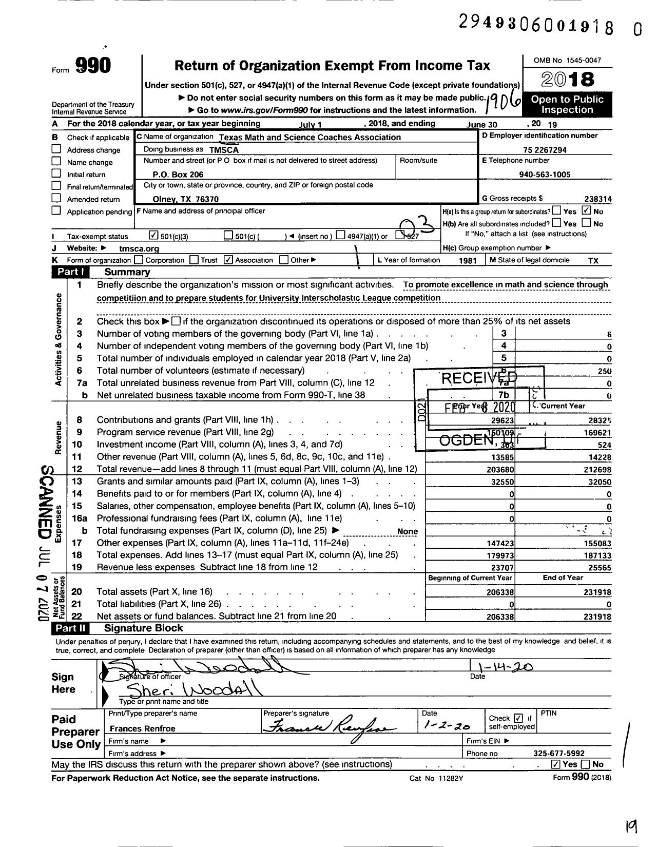 Image of first page of 2018 Form 990 for Texas Math & Science Coaches Association